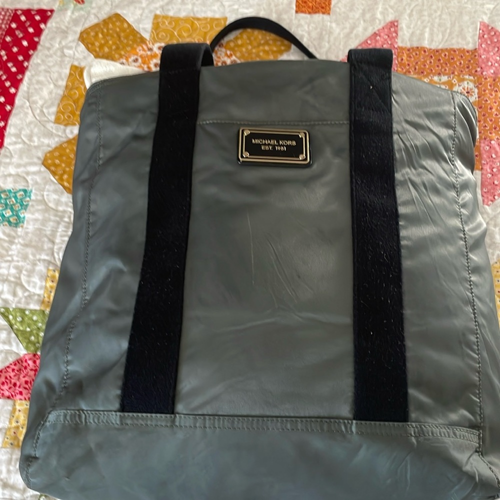 Gray and black Michael Kors satin tote